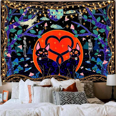 Cat Tapestry Trippy Skull Tapestry Aesthetic Mushroom Tapestry Witchy Moon Stars