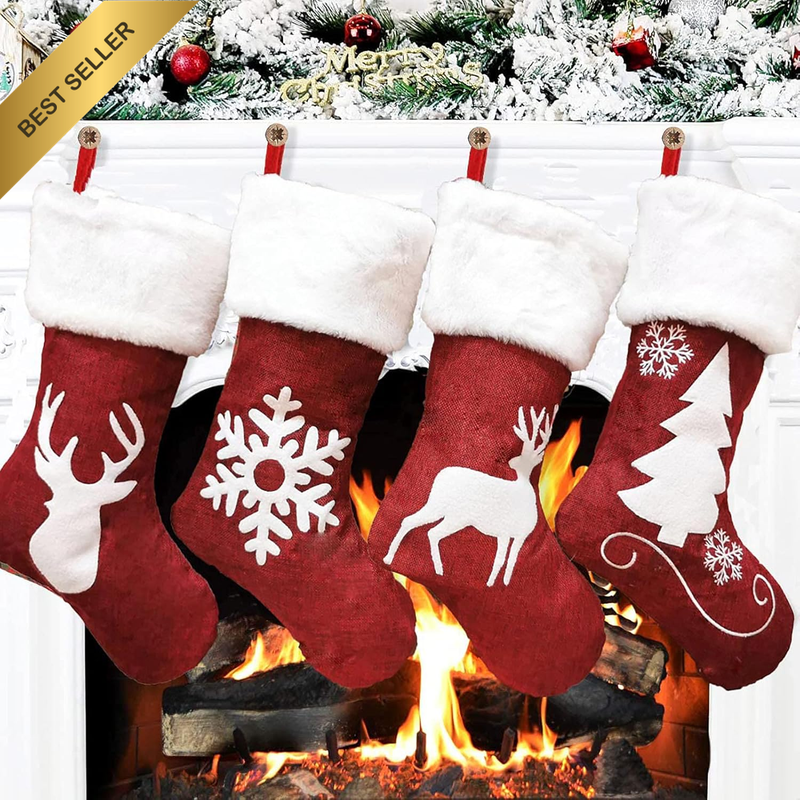 4 Pcs Large Soft Classic Red White Christmas Stockings Family Xmas Decor