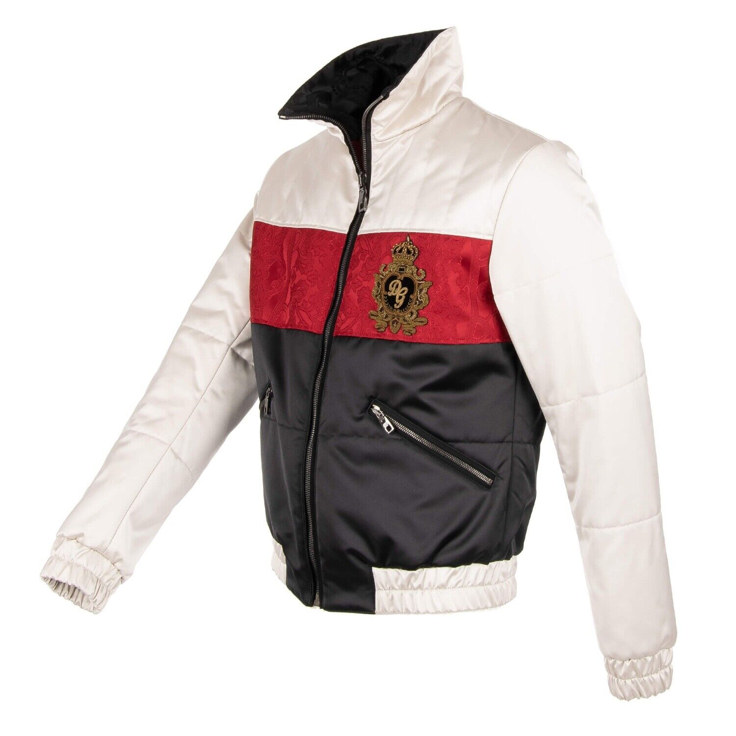 Pre-owned Dolce & Gabbana Stuffed Bomber Jacket With Logo Embroidery White Black Red 11173