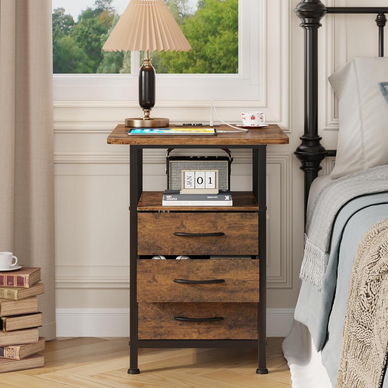 Night Stand Set 2 with 19'' Large Tabletop, 3 Fabric Drawer and Fast Charging St