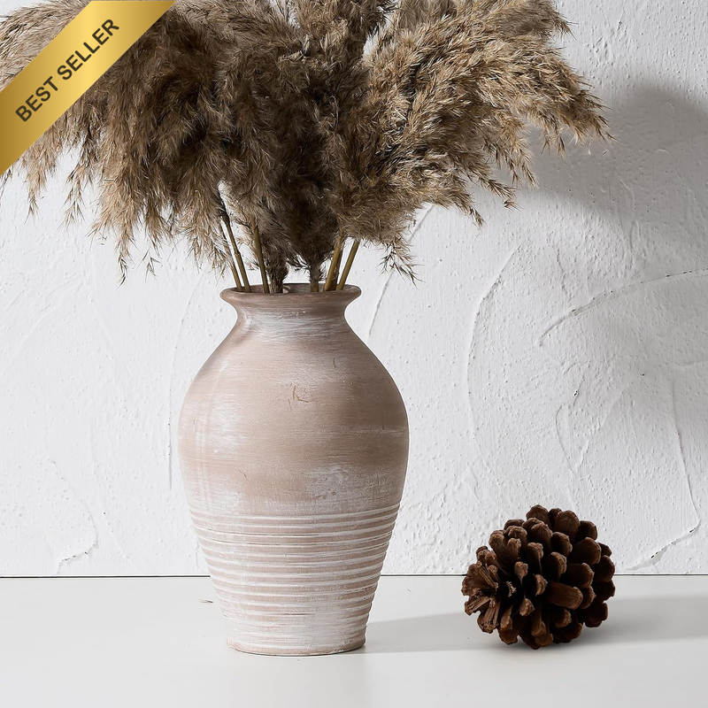 Ceramic Rustic Farmhouse Vase, 9.2 Inch Whitewashed Terracotta Vase, Pottery Dec