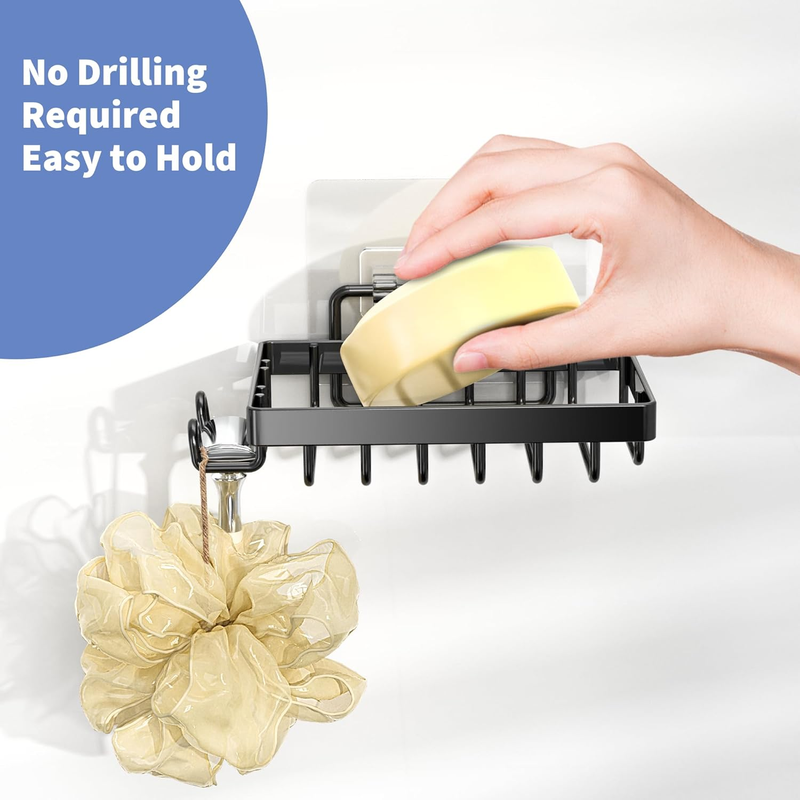 Soap Dish with Hooks and Razor Holder: No Drilling, Wall Mounted for Shower