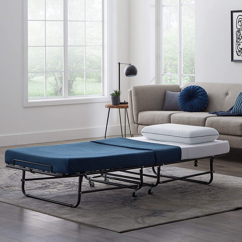 Rollaway Folding Guest Bed with 4 Inch Memory Foam Mattress- Rolling Cot- Easy S