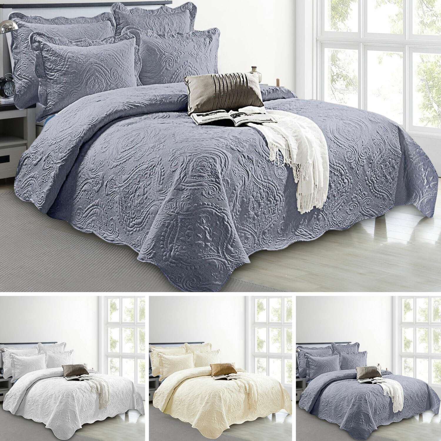 Khin Cotton Satin Quilted Bedspread 250 X 270 Grey For Sale Ebay