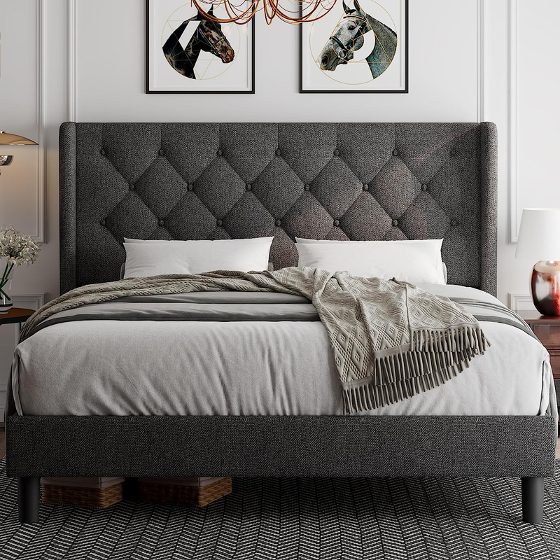 , Upholstered Wingback Platform Bed Frame With Diamond Button Tuf