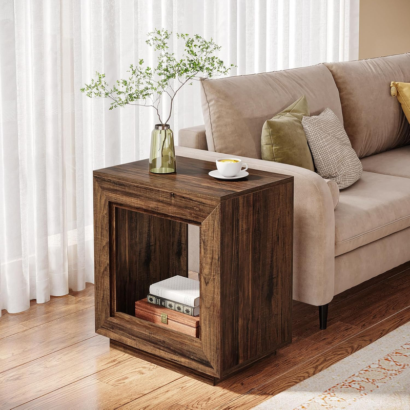 Rustic Wood End Table, 2 Tiered Square Side Table with Storage Shelf, Industrial Sofa Side Table for Living Room, Entrance (Rustic Brown) (1)