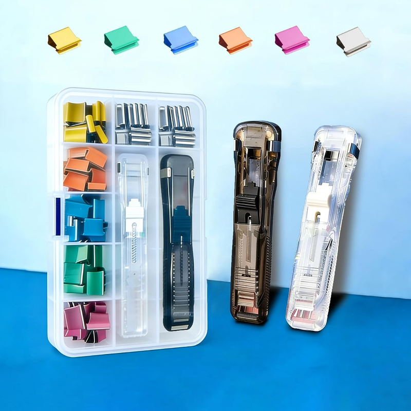 Portable Binder Clip Stapler Set, 2-Pack Handheld Clip Dispensers with 140 Reusa