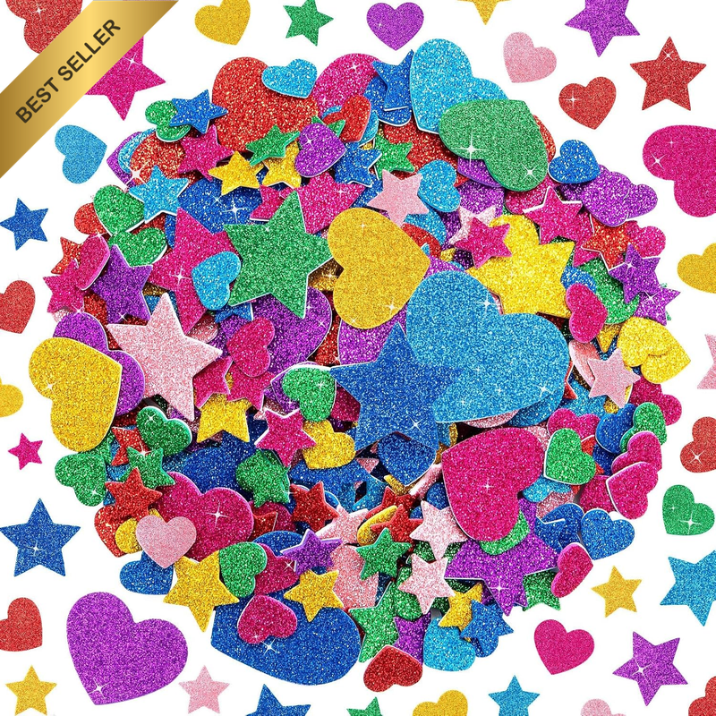 1000PCS Glitter Foam Stickers, Self-Adhesive Heart & Star Sparkle Craft Stickers