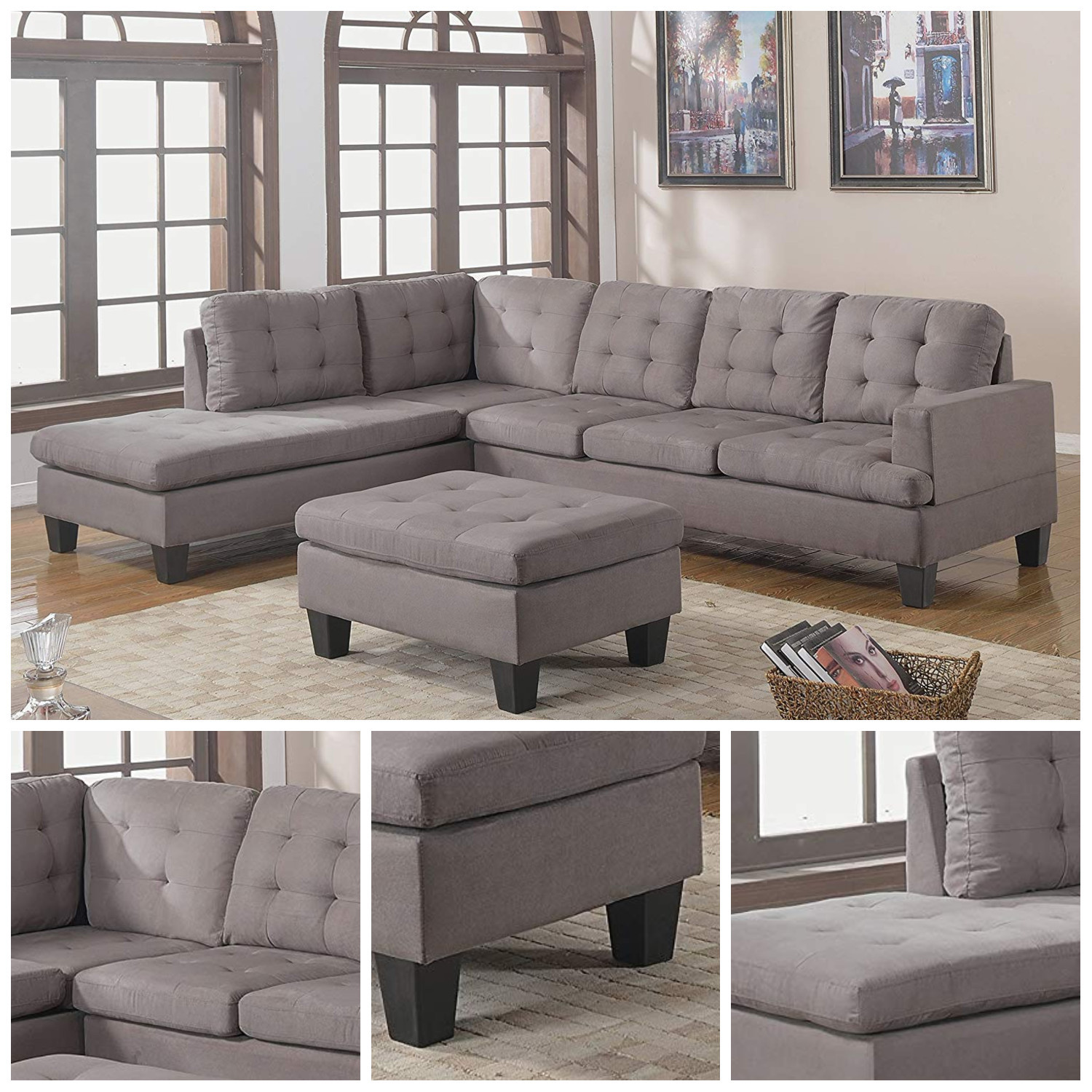 3 Pcs Reversible Chaise Sectional Sofa Ottoman Gray Charcoal Microfiber Cushions