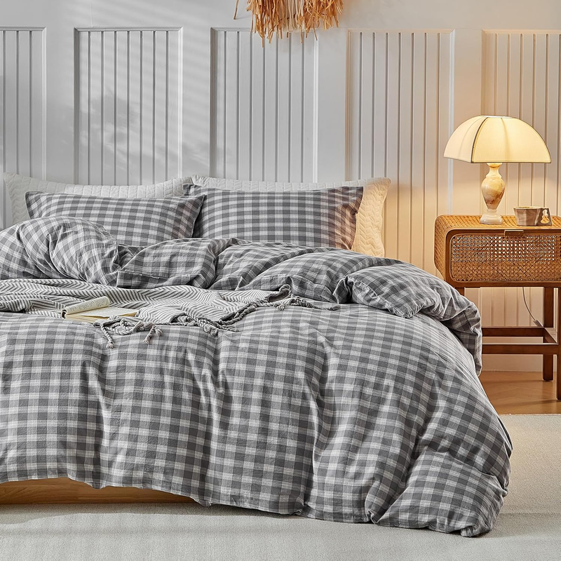 Gray Gingham Duvet Cover King Washed Cotton Plaid Checkered Bedding Set 3 Pieces Grid Duvet Cover with 2 Pillowcases,Reversible,Ultra Soft(Gray,King)