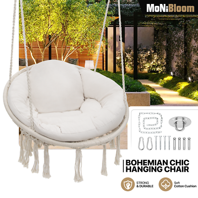 White Hanging Cotton Rope Swing Outdoor Macrame Hammock Chair Home