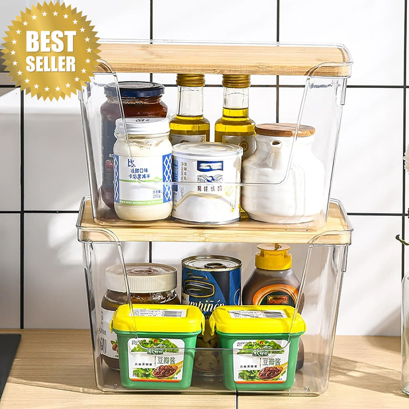 2 Set Clear Stackable Storage Boxes with Bamboo Wood Lid and Handles, Open Pantr