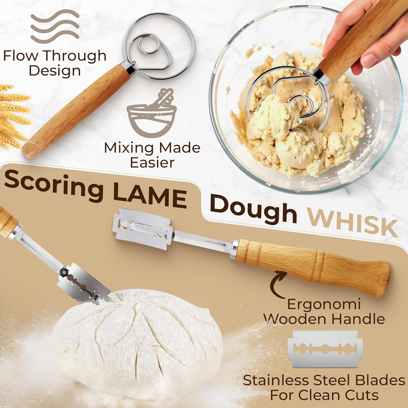 Sourdough Bread Starter Kit - Round 9 Inch Banneton Proofing Basket Set with Clo