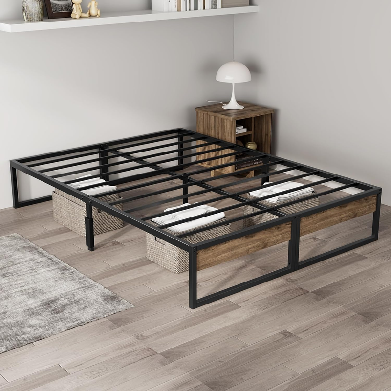 Queen Bed Frame 14'' Metal Platform with Rustic Wood, 2000 lbs Capacity, Metal B