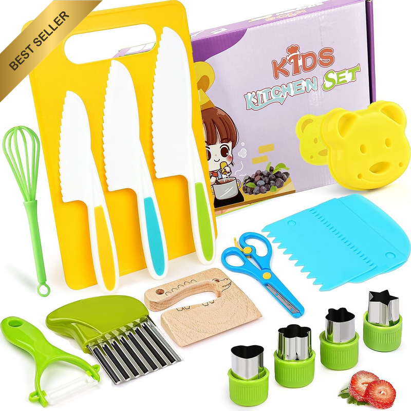 17Pcs Wooden Kids Kitchen Knife, Kids Knife Set with Cutting Board Bear Sandwich