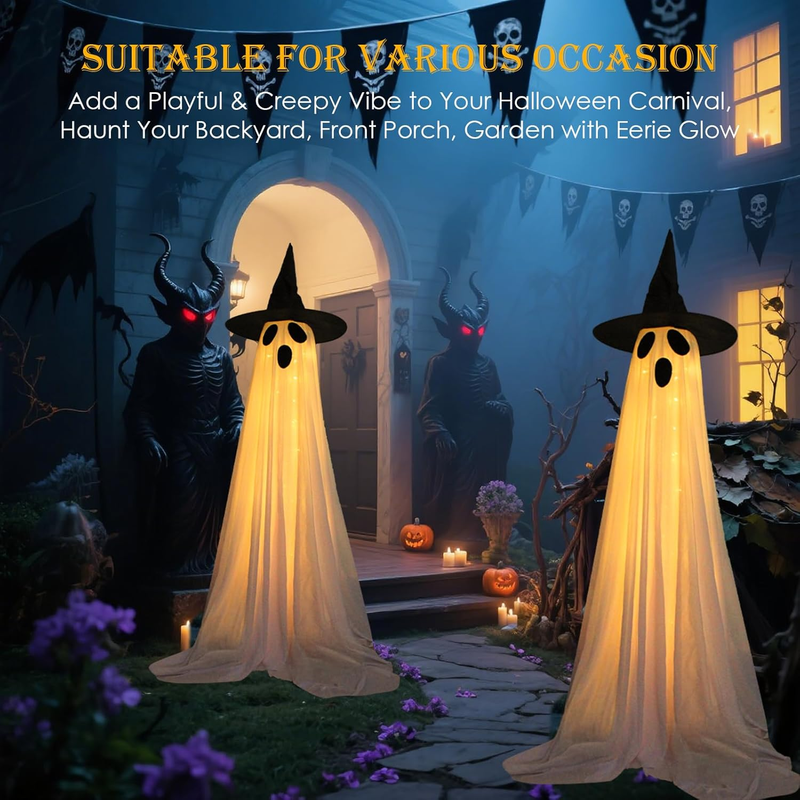 2 Packs Ghost Halloween Decorations Outdoor, Battery Operated Halloween Lights w