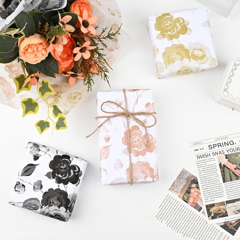 60 Sheets 28 * 20 Inches Rose Floral Pattern Tissue Paper for Gift Wrapping, Vin