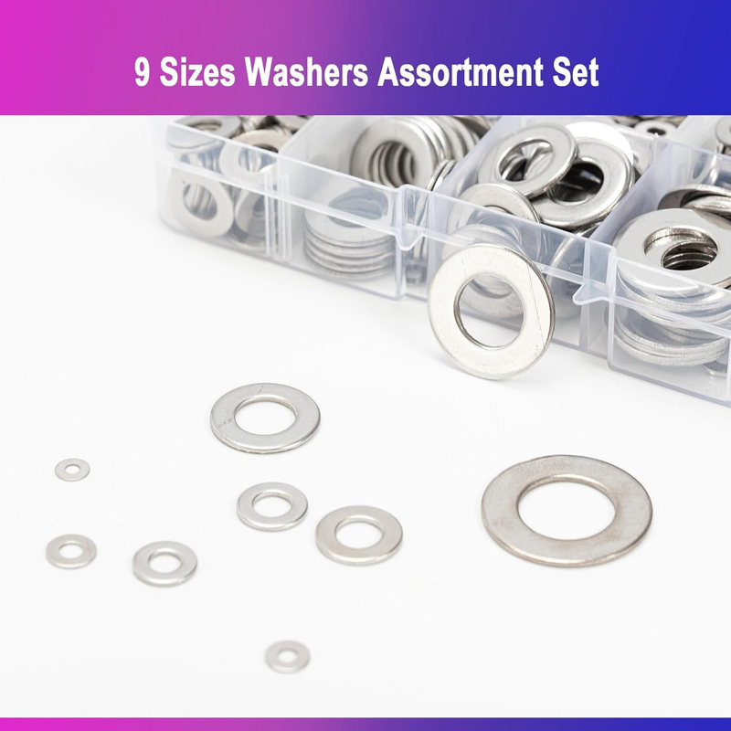 Washers for Screws, 750PCS Stainless Steel Washers, Metal Flat Washers, 9 Sizes