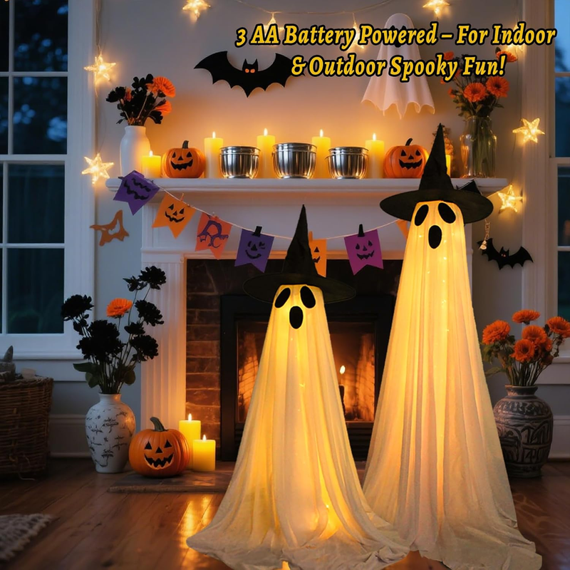 2 Packs Ghost Halloween Decorations Outdoor, Battery Operated Halloween Lights w