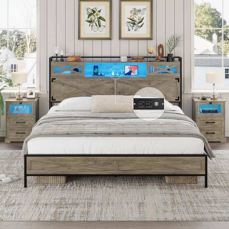 Queen Size With Led Lights And Charging Station, Rust