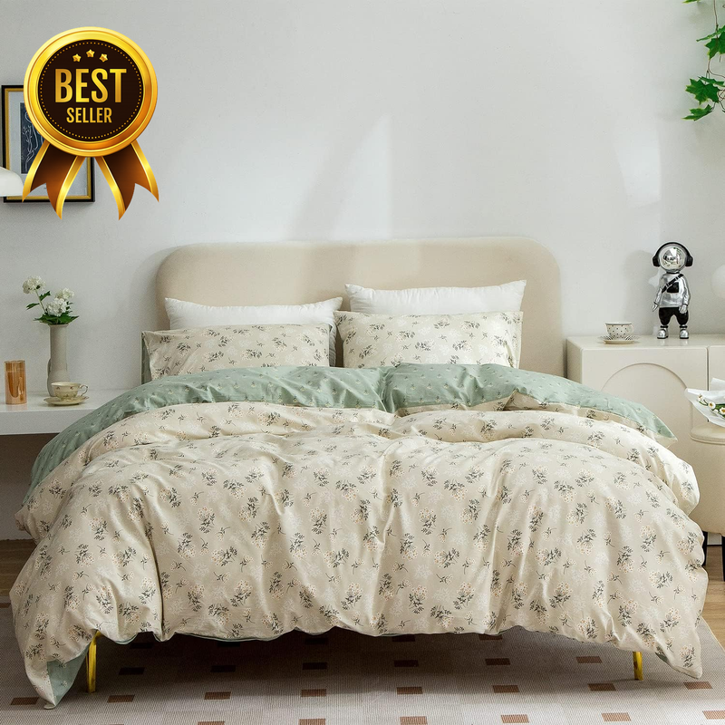 Queen 3-Piece 100% Cotton Reversible Floral Garden Duvet Cover Set