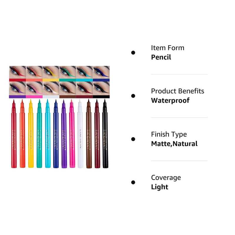 12 Colors Matte Liquid Eyeliner Set Rainbow Colorful Neon Eyeliner Pencil