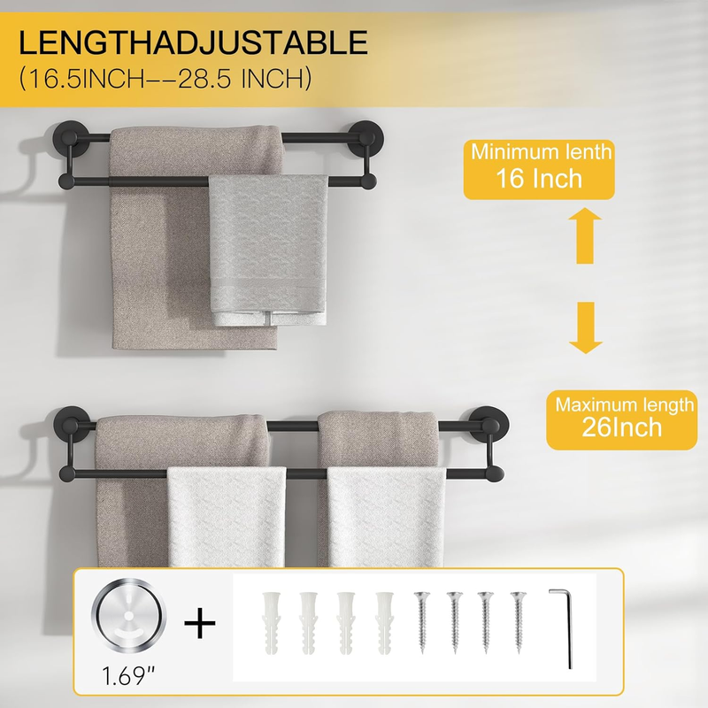 Adjustable 16.5-28.5 Inches Double Towel Bar for Bathroom SUS304 Stainless Steel