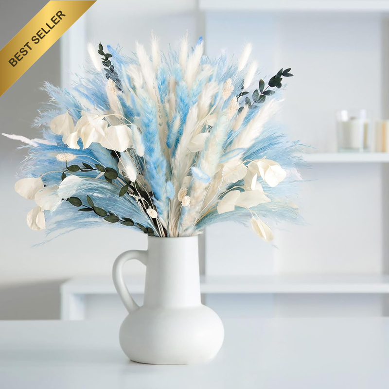101Pcs Blue Pampas Grass Decor Natural Dried Floral Pampas Grass Light Blue Boho