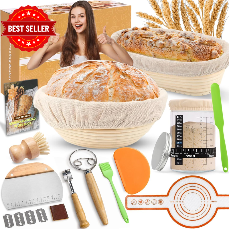 Sourdough Starter Kit, Banneton Bread Proofing Basket Set with Glass Starter Jar