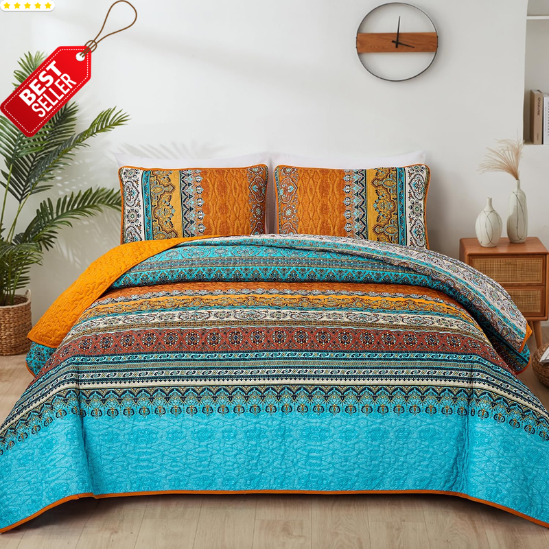 Orange Queen Quilt Set 3 Piece Boho Stripe Microfiber Bedspread All-Season US