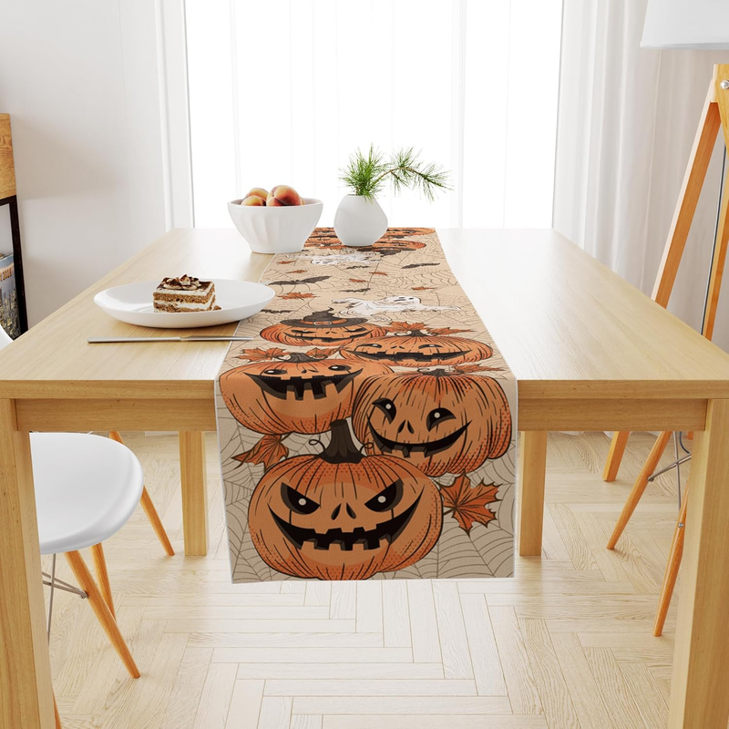 Waterproof Halloween Table Runner Pumpkins, Ghosts & Bats for ...