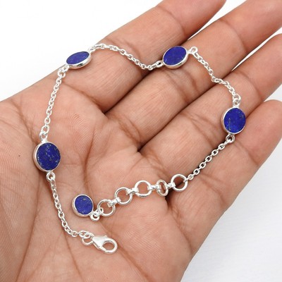 Round Natural Lapis Lazuli No Stone 925 Silver Chain September Birth Bracelet