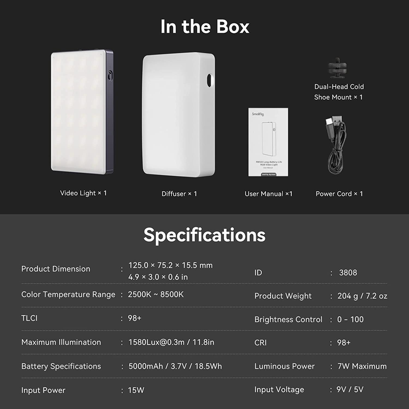 RM120 RGB Video Light Portable On Camera Light,5000mAh Long Battery Life,Profess