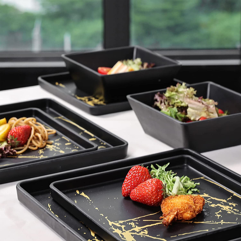 Melamine Dinnerware Sets - 12Pcs Square Plates and Bowls Sets for Indoor/Outdoor