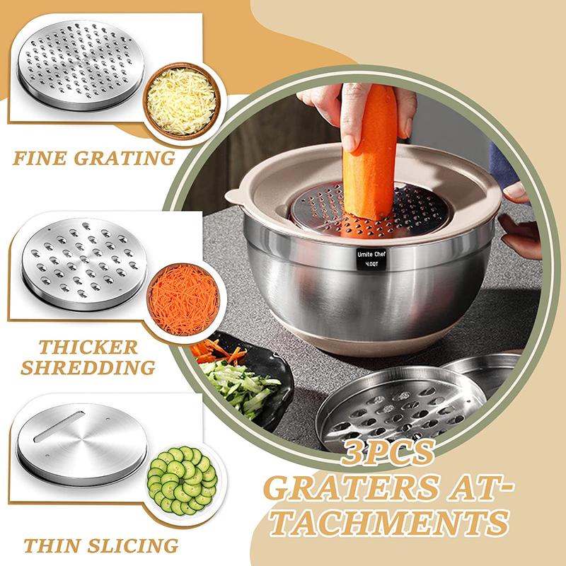 Mixing Bowls with Airtight Lids Set, 26PCS Stainless Steel Khaki Bowls with Grat