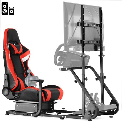 Marada Racing Simulator Cockpit Red Seat with Bluetooth Speakers Monitor Mount