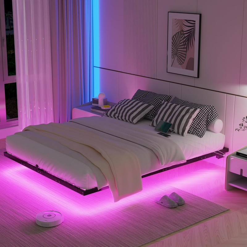Floating Queen Bed Frame with LED Lights & USB Charging Station, Metal Platform