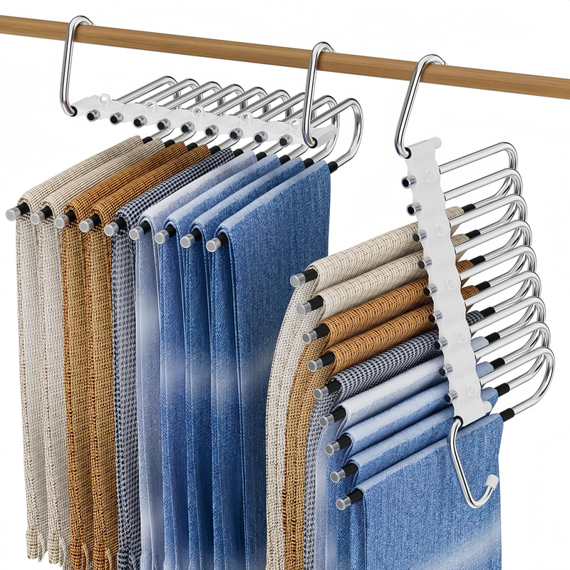 9 in 1 Pants Hangers Space Saving, 2 Pack for Closet Multiple Layers Multifuncti