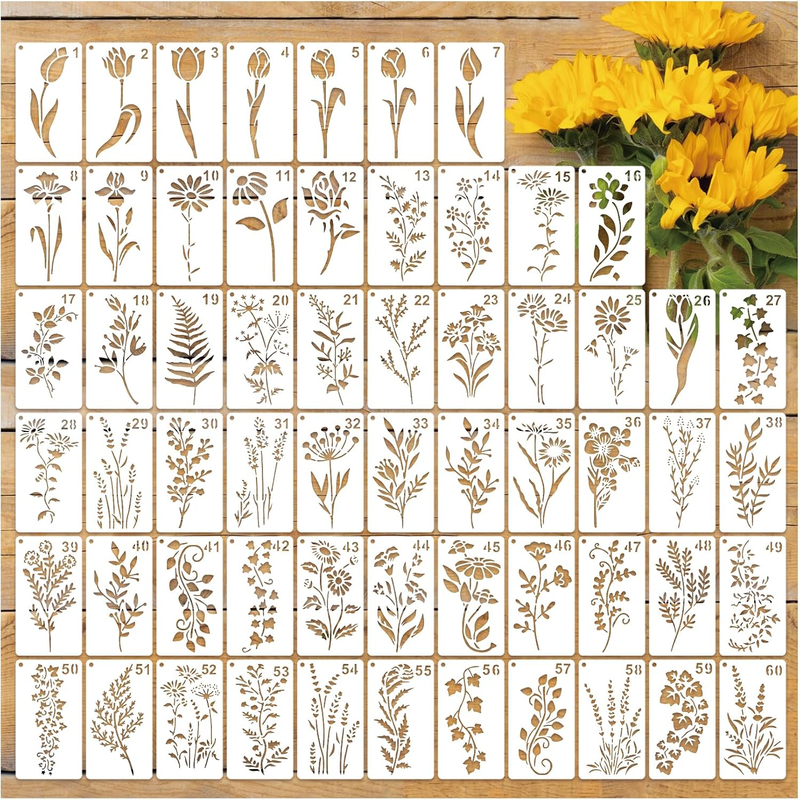 60Pcs Small Floral Stencils for Painting on Wood Reusable Flower Wildflower Sten