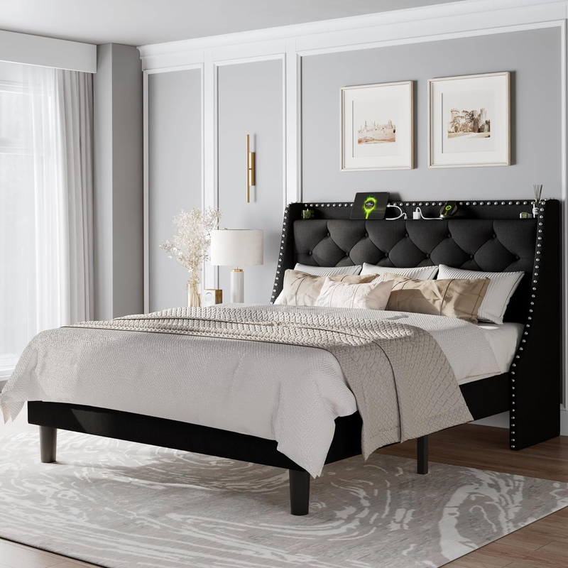 Full Bed Frame with Luxury Wingback Upholstered Button Tufted Storage Headboard,