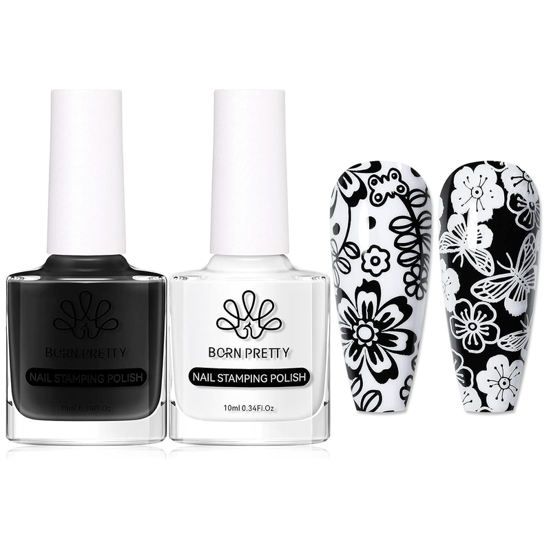BORN PRETTY Nail Art Stamping Polish White Black Manicure Image Stamp Polish Set