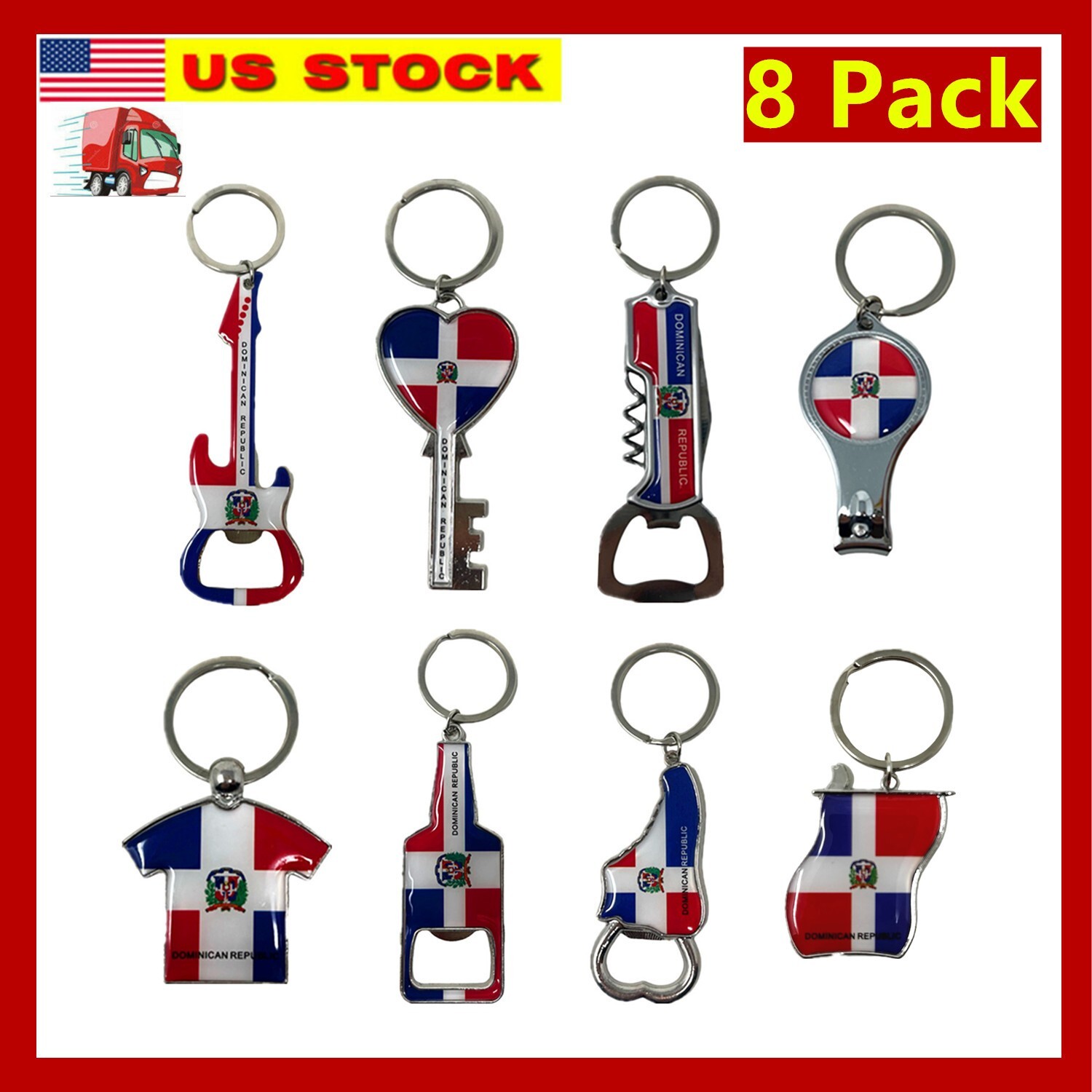 8 Pack Dominican Republic Country Metal Keychain, 5 Bottle