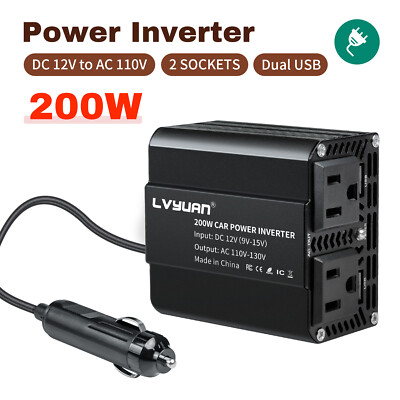 Car 200W Power Inverter DC 12V to AC 110V 120V Converter With 2USB 2AC Black