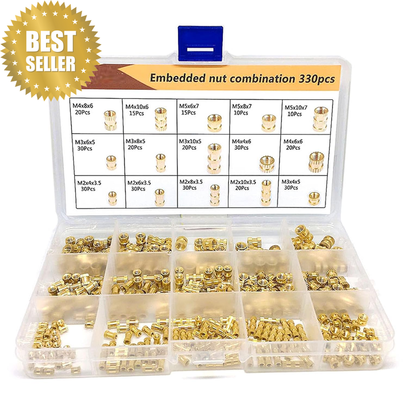 330Pcs 4 Values Female Thread Knurled Nuts, Threaded Inserts Kit M2 M3 M4 M5 Bra
