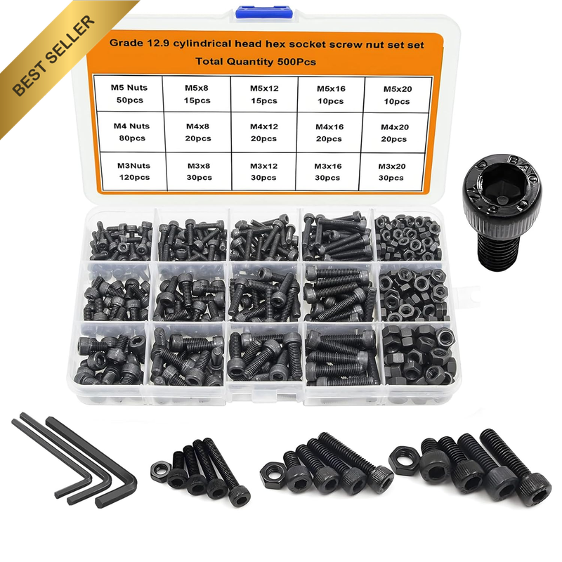 500 Pieces, M3 M4 M5 Hex Socket Head Cap Screw Kit, M3-M5 Carbon Steel Bolts Nut