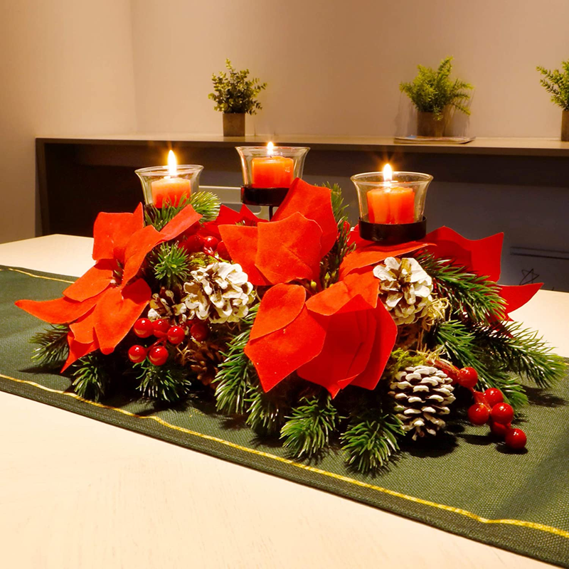 Christmas Centerpiece with 3 Candle Holders Tabletop with Pinecones, Red Berries