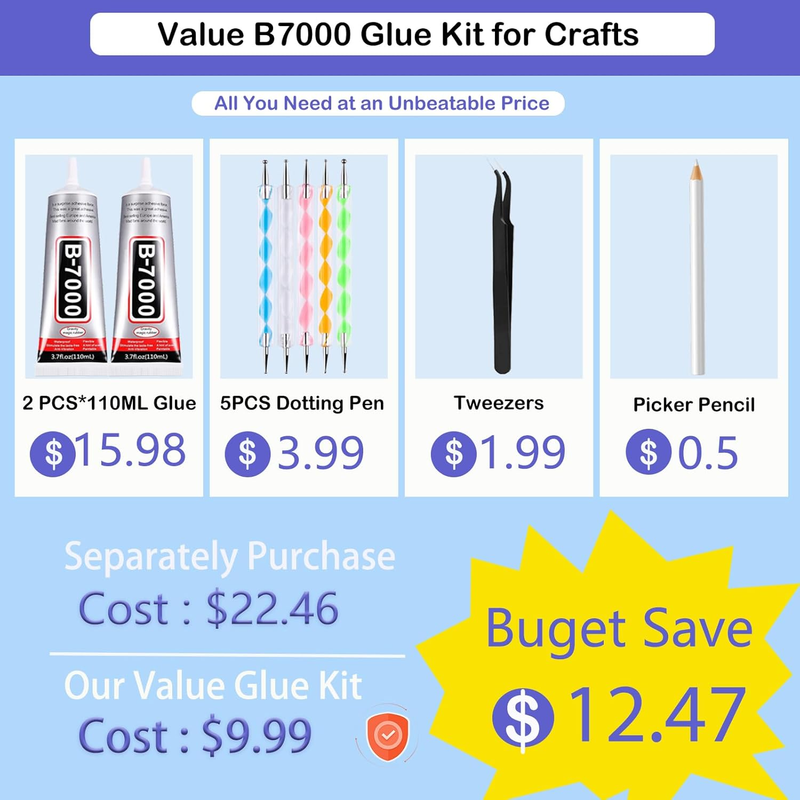 B7000 Adhesive for Crafts, 2PCS 110ml / 3.7 fl oz Clear Glue With 5 Dotting Pen