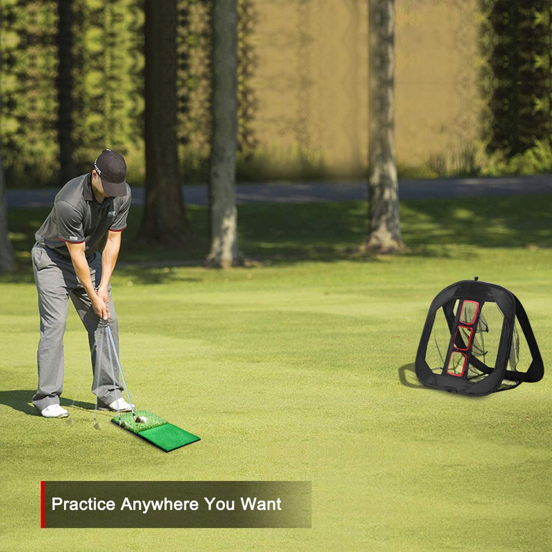 Pop-Up Golf Chipping Net with Dual Turf Hitting Mat, 6 Driving Range Golf Balls,
