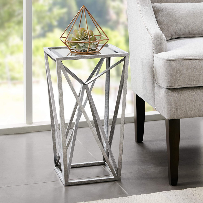 Zee Accent Tables for Living Room, Glass Top Hollow, Small Metal Frame Geometric