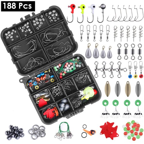 188Pcs Fishing Accessories Kit set w/ Portable Tackle Box Pliers Jig Hooks Gift